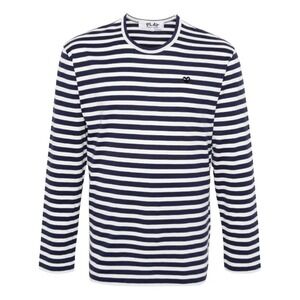 Comme Des Garçons PLAY Navy Blue Stripes Crew Neck Shirt Heart Long Sleeve Sz L